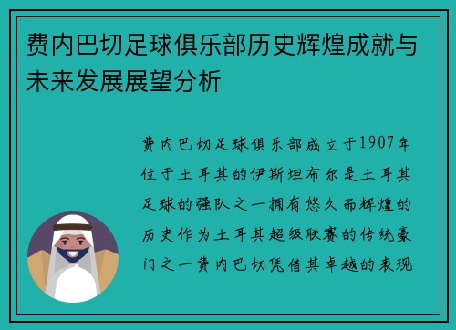 费内巴切足球俱乐部历史辉煌成就与未来发展展望分析 费内巴切足球俱乐部历史辉煌成就与未来发展展望分析