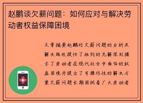 赵鹏谈欠薪问题：如何应对与解决劳动者权益保障困境